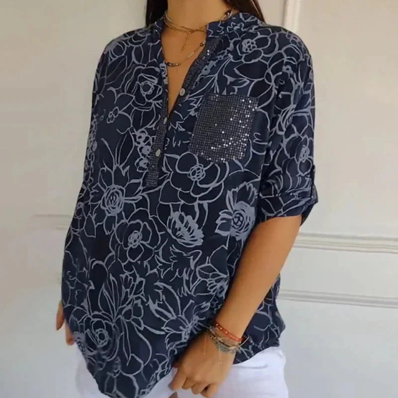 🌞Frühlingserwachen: 50% Rabatt!🌸Boho-Eleganz: Florale Tunika-Bluse mit funkelnden Pailletten & Krempelärmeln