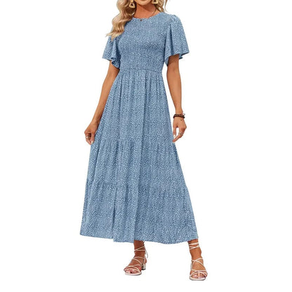 🌷Frühsommer-Sale: 70% Rabatt🌸 Lässiges, geblümtes Maxikleid für den Sommer 2026 mit kurzen, flatternden Ärmeln, Rundhalsausschnitt, geraffter Taille und fließendem Schnitt