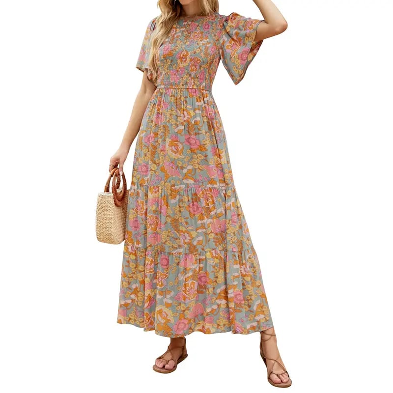 🌷Frühsommer-Sale: 70% Rabatt🌸 Lässiges, geblümtes Maxikleid für den Sommer 2026 mit kurzen, flatternden Ärmeln, Rundhalsausschnitt, geraffter Taille und fließendem Schnitt