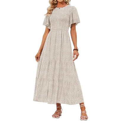 🌷Frühsommer-Sale: 70% Rabatt🌸 Lässiges, geblümtes Maxikleid für den Sommer 2026 mit kurzen, flatternden Ärmeln, Rundhalsausschnitt, geraffter Taille und fließendem Schnitt