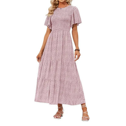 🌷Frühsommer-Sale: 70% Rabatt🌸 Lässiges, geblümtes Maxikleid für den Sommer 2026 mit kurzen, flatternden Ärmeln, Rundhalsausschnitt, geraffter Taille und fließendem Schnitt