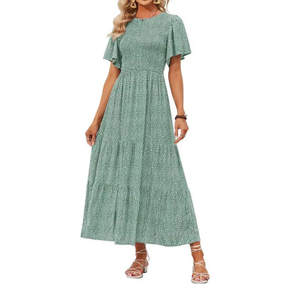 🌷Frühsommer-Sale: 70% Rabatt🌸 Lässiges, geblümtes Maxikleid für den Sommer 2026 mit kurzen, flatternden Ärmeln, Rundhalsausschnitt, geraffter Taille und fließendem Schnitt