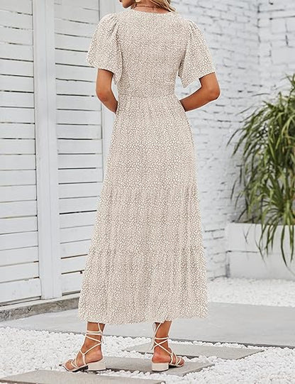 🌷Frühsommer-Sale: 70% Rabatt🌸 Lässiges, geblümtes Maxikleid für den Sommer 2026 mit kurzen, flatternden Ärmeln, Rundhalsausschnitt, geraffter Taille und fließendem Schnitt