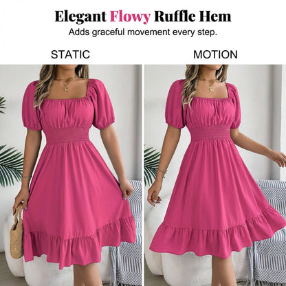 🌞Frühlingserwachen: 50% Rabatt!🎉Sommer-Traum: Romantisches Midikleid mit geraffter Taille & Puffärmeln