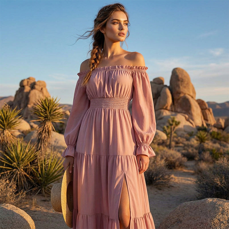 🌞Frühlingserwachen: 50% Rabatt!🎉Romantisches Off-Shoulder Maxikleid "Cloud-Dream" – Luftig, Edel & mit Beinschlitz