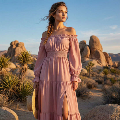 🌞Frühlingserwachen: 50% Rabatt!🎉Romantisches Off-Shoulder Maxikleid "Cloud-Dream" – Luftig, Edel & mit Beinschlitz