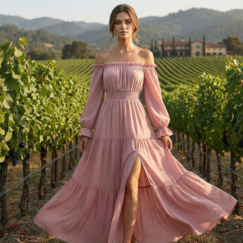 🌞Frühlingserwachen: 50% Rabatt!🎉Romantisches Off-Shoulder Maxikleid "Cloud-Dream" – Luftig, Edel & mit Beinschlitz