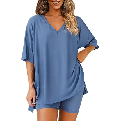 🌞Frühlingserwachen: 50% Rabatt!💎Damen Lounge-Set mit V-Ausschnitt – Knitterfrei & Seidig Weich für Deinen Wohlfühl-Moment