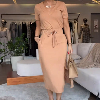 🌞Frühlingserwachen: 50% Rabatt!🎉Zeitlose Eleganz: V-Ausschnitt Top & Rock Set – Knitterfrei & Vielseitig