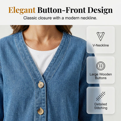 🌞Frühlingserwachen: 50% Rabatt!📿"Boho-Chic" Jeans-Cardigan: Kragenlose Denim-Jacke mit V-Ausschnitt & Holzknöpfen