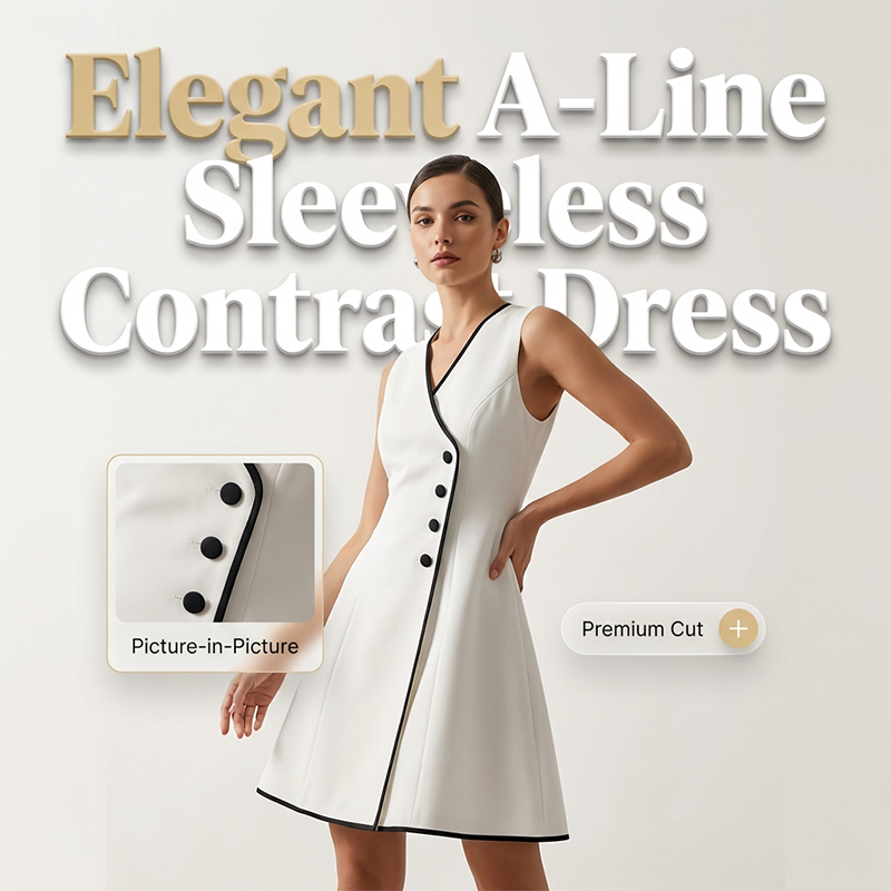 🌞Frühlingserwachen: 50% Rabatt!💕Zeitlose Eleganz: Ärmelloses A-Linien-Kleid mit Kontrast-Besatz & Knopf-Details
