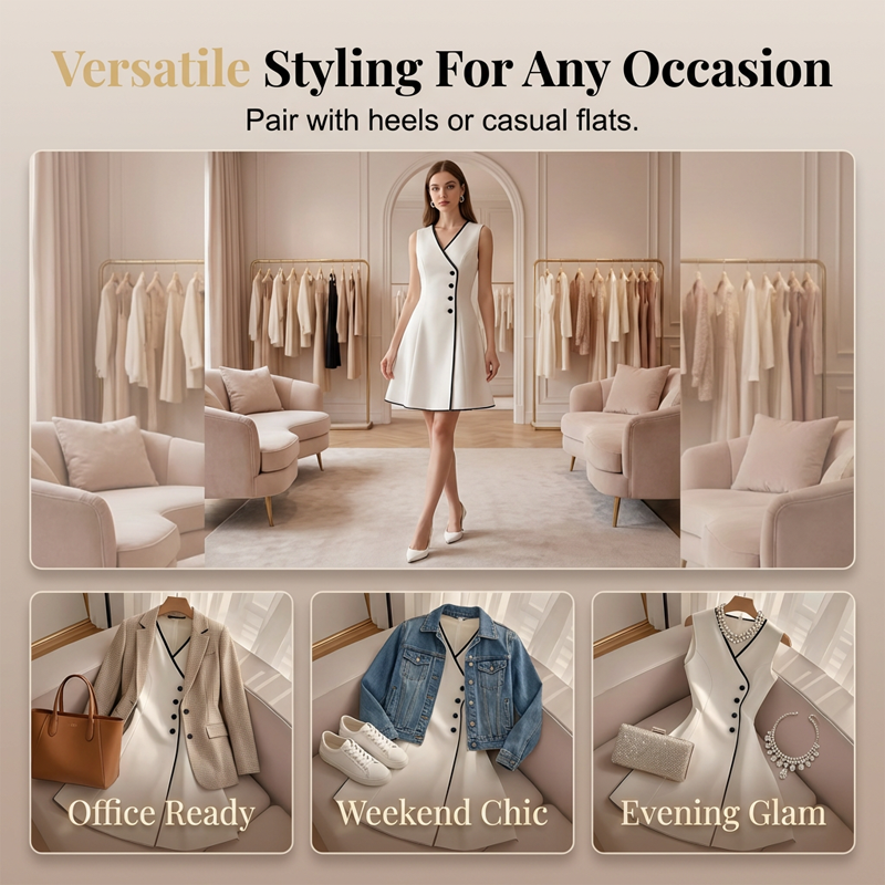 🌞Frühlingserwachen: 50% Rabatt!💕Zeitlose Eleganz: Ärmelloses A-Linien-Kleid mit Kontrast-Besatz & Knopf-Details