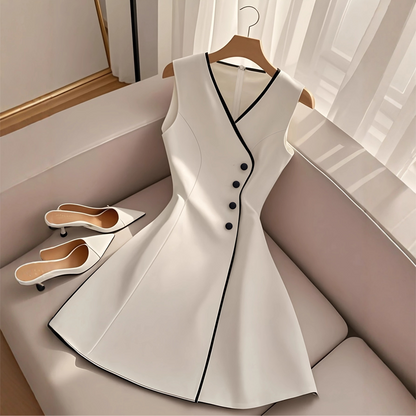 🌞Frühlingserwachen: 50% Rabatt!💕Zeitlose Eleganz: Ärmelloses A-Linien-Kleid mit Kontrast-Besatz & Knopf-Details