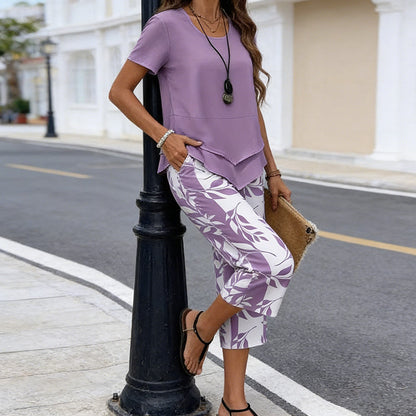 🌞Frühlingserwachen: 50% Rabatt!🌸"Figur-Wunder" Zweiteiler: Asymmetrisches Layer-Top & Weite Print-Hose