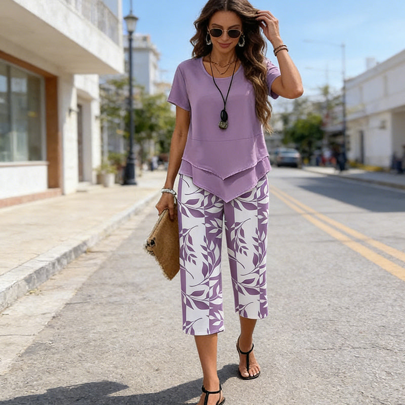 🌞Frühlingserwachen: 50% Rabatt!🌸"Figur-Wunder" Zweiteiler: Asymmetrisches Layer-Top & Weite Print-Hose