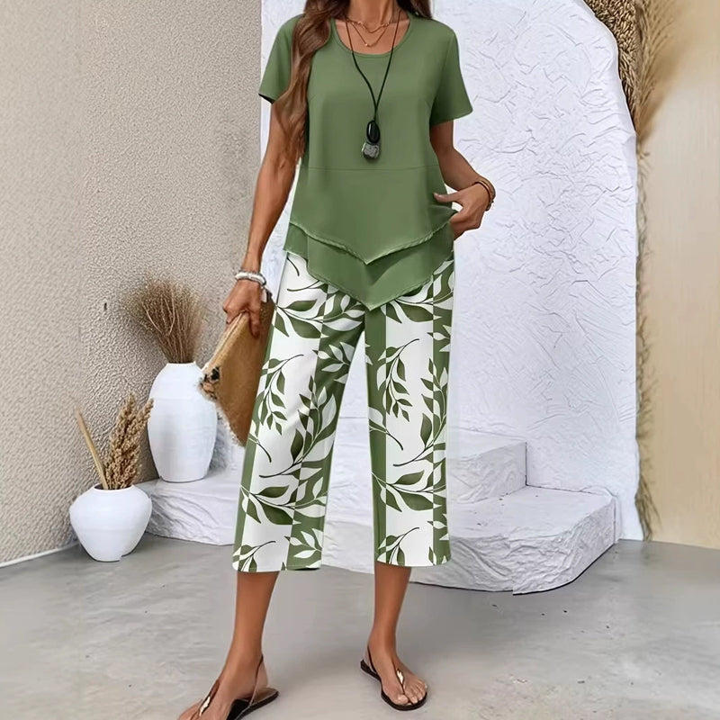 🌞Frühlingserwachen: 50% Rabatt!🌸"Figur-Wunder" Zweiteiler: Asymmetrisches Layer-Top & Weite Print-Hose