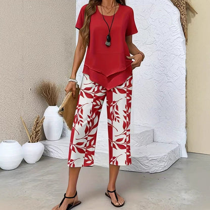 🌞Frühlingserwachen: 50% Rabatt!🌸"Figur-Wunder" Zweiteiler: Asymmetrisches Layer-Top & Weite Print-Hose