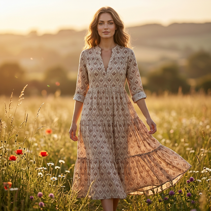 🌞Frühlingserwachen: 50% Rabatt!💕Boho-Traum "Muse": Elegantes Etagen-Maxikleid mit V-Ausschnitt