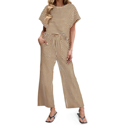 👚 Zweiteiliges Lounge-Set für Damen mit Streifenmuster – tiefe Seitentaschen, bequemer Stretch-Bund. ✨