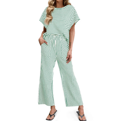 👚 Zweiteiliges Lounge-Set für Damen mit Streifenmuster – tiefe Seitentaschen, bequemer Stretch-Bund. ✨