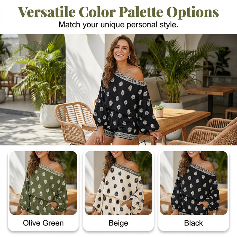 🌞Frühlingserwachen: 50% Rabatt!💕Sommer-Traum: Bohème Jumpsuit-Set mit Off-Shoulder & Vintage-Print