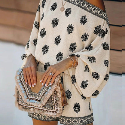 🌞Frühlingserwachen: 50% Rabatt!💕Sommer-Traum: Bohème Jumpsuit-Set mit Off-Shoulder & Vintage-Print