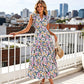 Sommerkleid mit Blumenmuster – V-Ausschnitt, Umfallärmel, hohe Taille & fließender Rock | Atmungsaktive Qualität für Urlaub & Gartenparty – Größe S–2XL
