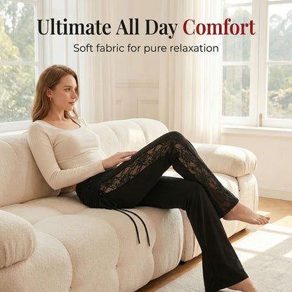 🌺50% RABATT!❤️Damen Ausgestellte Hose Mit Raffungen Und Spitzeneinsätzen Hohe Taille Freizeithose