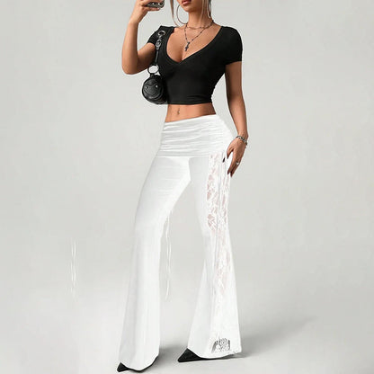 🌺50% RABATT!❤️Damen Ausgestellte Hose Mit Raffungen Und Spitzeneinsätzen Hohe Taille Freizeithose