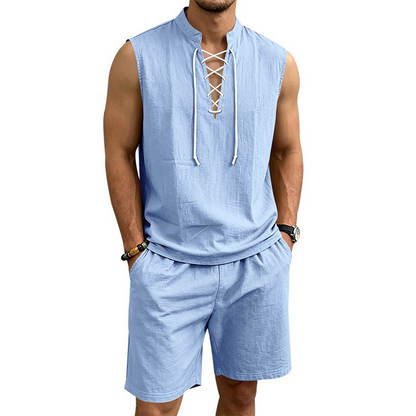 👕 BEFRISTET 55% RABATT! ✨ Herren Leinen-Set – Ärmelloses Top mit Schnürung, Shorts, 7 Farben ☀️