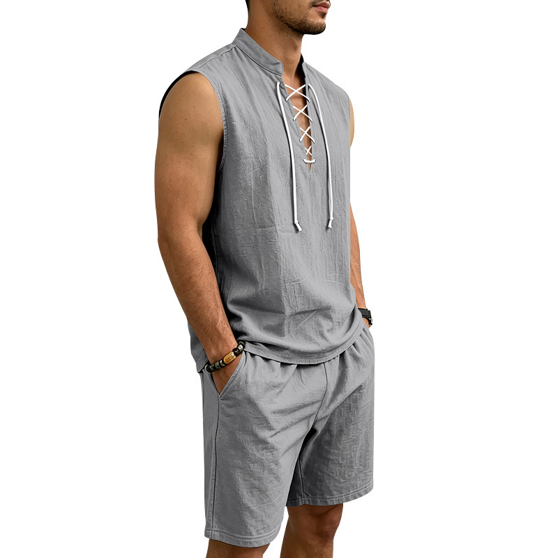 👕 BEFRISTET 55% RABATT! ✨ Herren Leinen-Set – Ärmelloses Top mit Schnürung, Shorts, 7 Farben ☀️