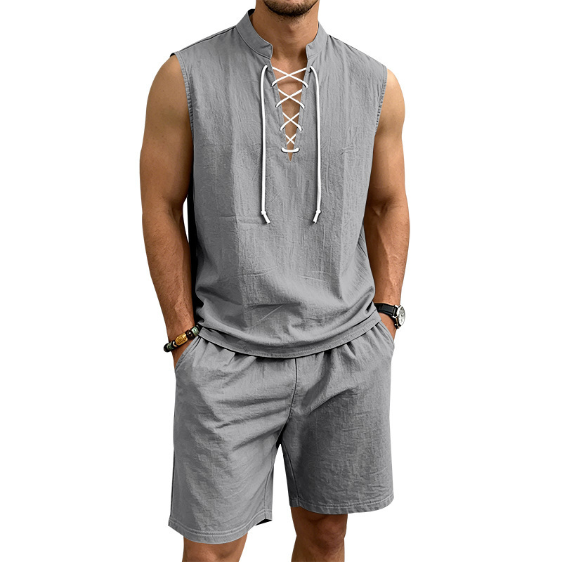 👕 BEFRISTET 55% RABATT! ✨ Herren Leinen-Set – Ärmelloses Top mit Schnürung, Shorts, 7 Farben ☀️