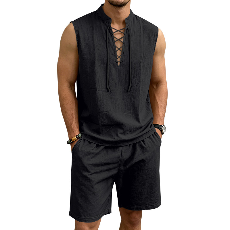 👕 BEFRISTET 55% RABATT! ✨ Herren Leinen-Set – Ärmelloses Top mit Schnürung, Shorts, 7 Farben ☀️
