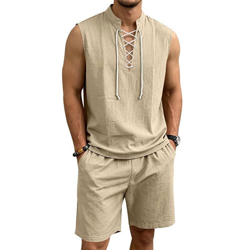 👕 BEFRISTET 55% RABATT! ✨ Herren Leinen-Set – Ärmelloses Top mit Schnürung, Shorts, 7 Farben ☀️