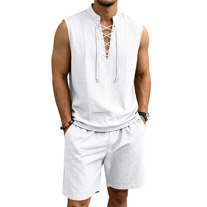 👕 BEFRISTET 55% RABATT! ✨ Herren Leinen-Set – Ärmelloses Top mit Schnürung, Shorts, 7 Farben ☀️