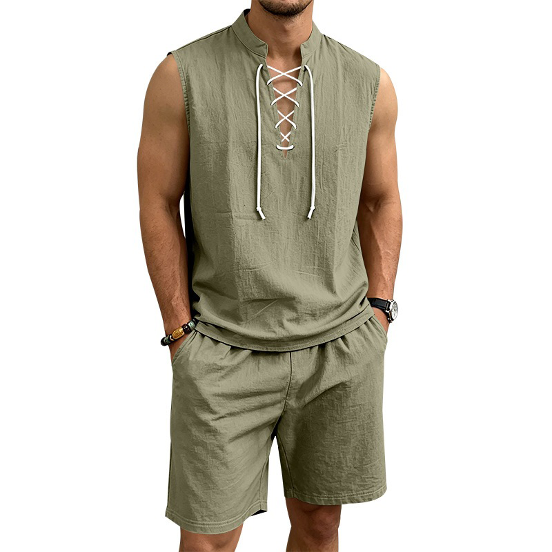 👕 BEFRISTET 55% RABATT! ✨ Herren Leinen-Set – Ärmelloses Top mit Schnürung, Shorts, 7 Farben ☀️