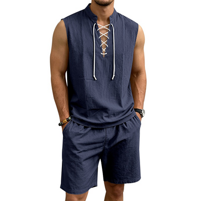 👕 BEFRISTET 55% RABATT! ✨ Herren Leinen-Set – Ärmelloses Top mit Schnürung, Shorts, 7 Farben ☀️