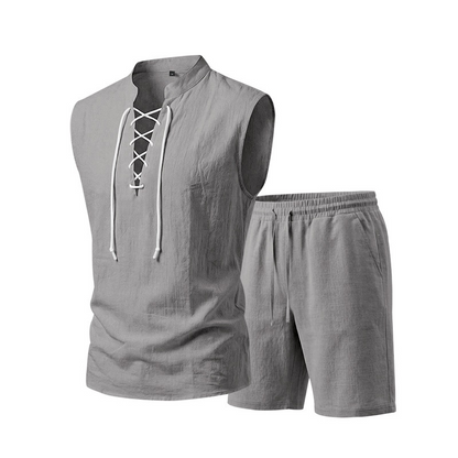 👕 BEFRISTET 55% RABATT! ✨ Herren Leinen-Set – Ärmelloses Top mit Schnürung, Shorts, 7 Farben ☀️
