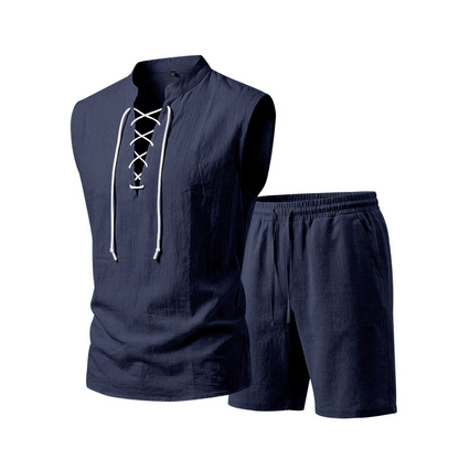 👕 BEFRISTET 55% RABATT! ✨ Herren Leinen-Set – Ärmelloses Top mit Schnürung, Shorts, 7 Farben ☀️