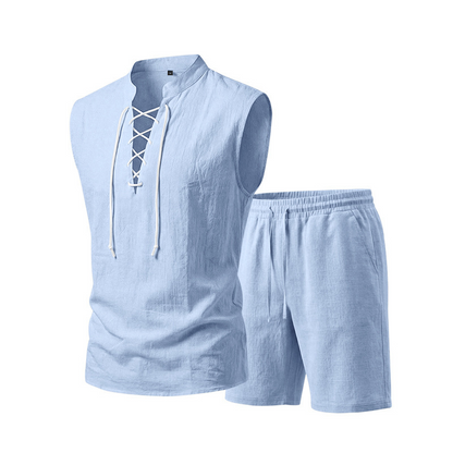 👕 BEFRISTET 55% RABATT! ✨ Herren Leinen-Set – Ärmelloses Top mit Schnürung, Shorts, 7 Farben ☀️