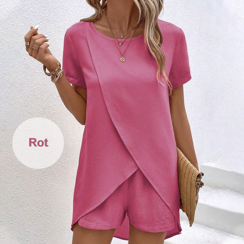 🍂 Einfarbiges Zweiteiler-Set mit asymmetrischem Oberteil & Shorts – Lässig & modern!