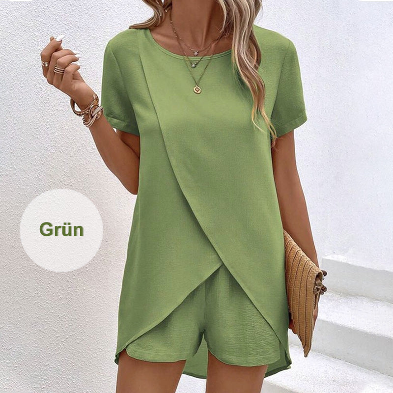 🍂 Einfarbiges Zweiteiler-Set mit asymmetrischem Oberteil & Shorts – Lässig & modern!