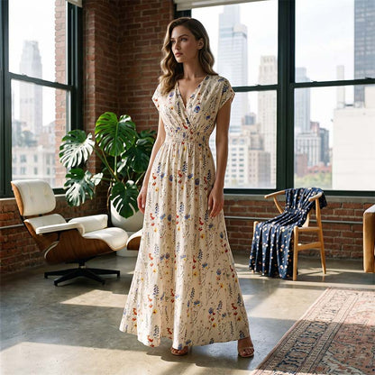 👗 Langes Maxikleid mit Blumenmuster, V-Ausschnitt & geraffter Taille – elegant & figurbetonend