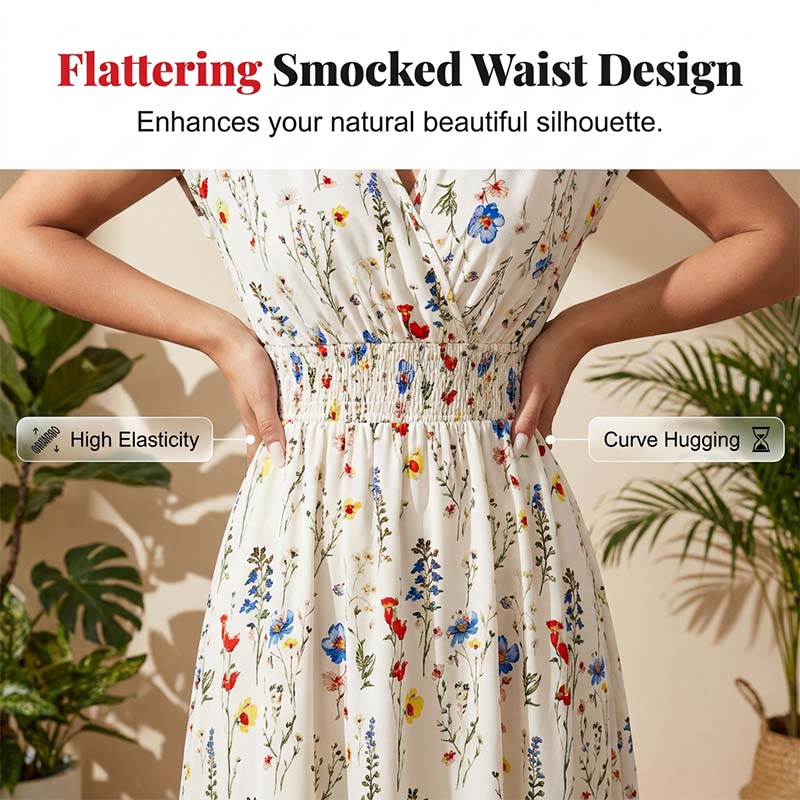 👗 Langes Maxikleid mit Blumenmuster, V-Ausschnitt & geraffter Taille – elegant & figurbetonend