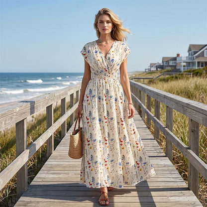 👗 Langes Maxikleid mit Blumenmuster, V-Ausschnitt & geraffter Taille – elegant & figurbetonend