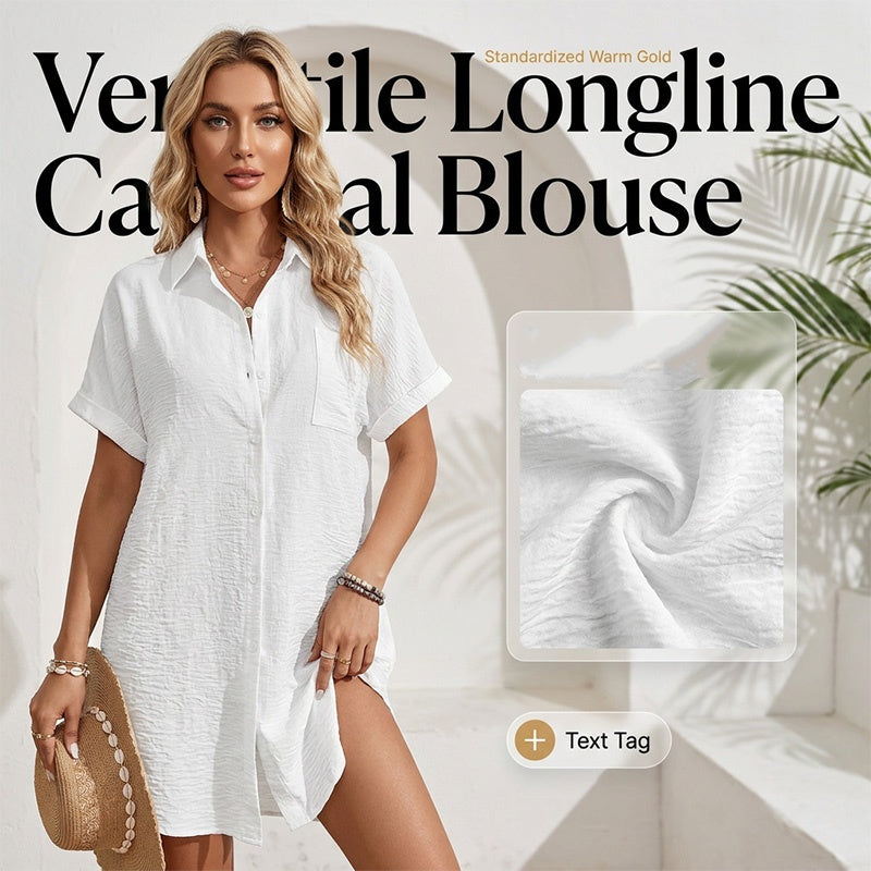 Women's Casual Longline Short Sleeve Blouse with Lapel Collar