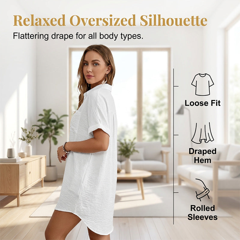 Women's Casual Longline Short Sleeve Blouse with Lapel Collar