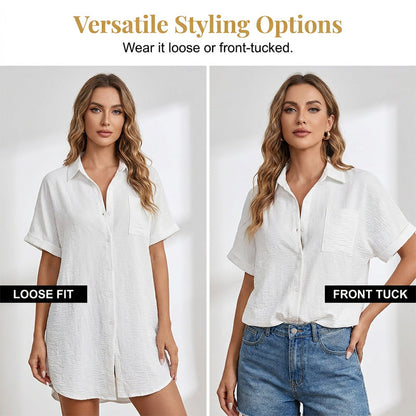 Women's Casual Longline Short Sleeve Blouse with Lapel Collar