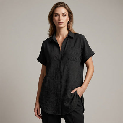 Women's Casual Longline Short Sleeve Blouse with Lapel Collar