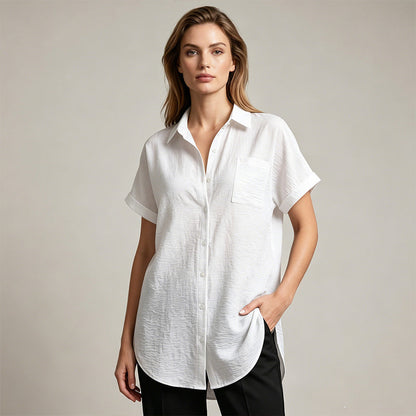 Women's Casual Longline Short Sleeve Blouse with Lapel Collar